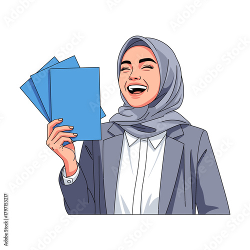 A smiling woman wearing a hijab, dressed in a blazer, holding and looking at blue papers