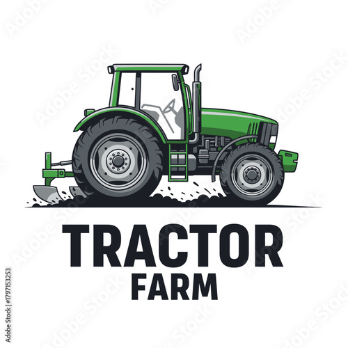 A green tractor plowing soil with the words "Tractor Farm" below it