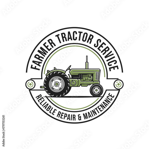 Circular emblem features a green tractor in the center with text encircling it, advertising repair services