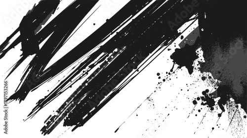 Abstract black ink brush strokes and splatters on