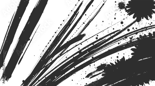 Abstract black ink brush strokes and splatters on