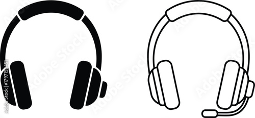 Black headset and outlined headset with microphone design stand out against a white backdrop