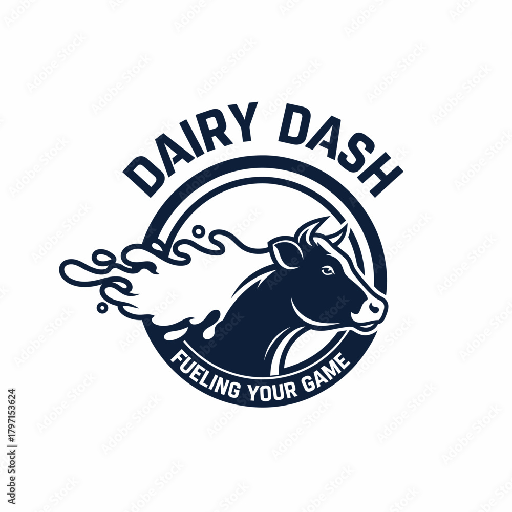Obraz premium A logo design with a cow bursting from a circle with text above and below, a milk splash