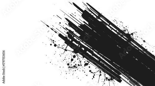 Two intersecting black ink brush strokes and splatters