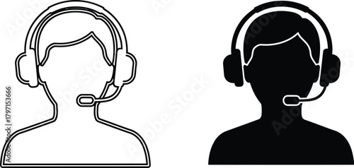 Two contrasting monochromatic icons display a person wearing a headset in distinct styles
