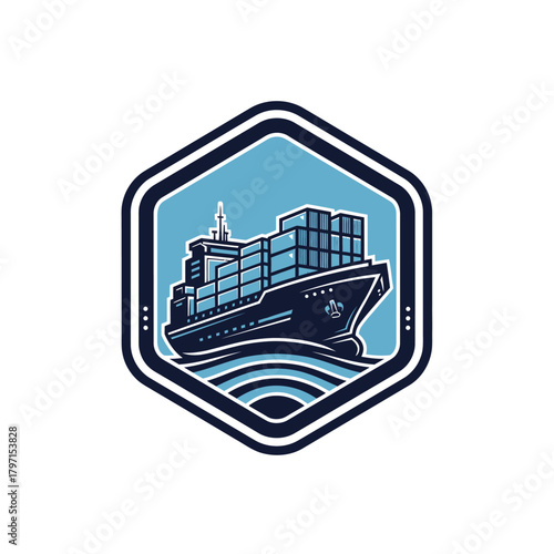 A stylized illustration features a cargo ship within a hexagon-shaped emblem, set on a white background