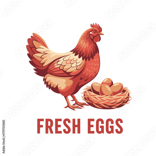 A cartoon hen with eggs in a nest on a white background, "FRESH EGGS" below