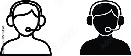 Outline and filled icons present people wearing headsets with microphone attachments on a transparent background