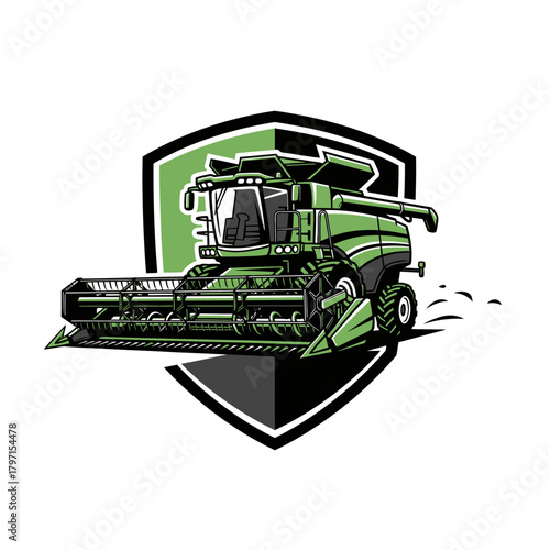 A stylized illustration of a green combine harvester, set against a shield