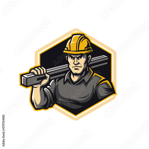 A determined construction worker wearing a yellow hard hat and carrying a steel beam