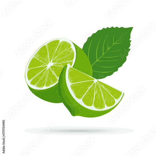 A Very Simple flat 2D illustration of green lime and pepper mint leaf isolated on a white background, vector icon set, simple design in a flat design, 2D illustration, EPS format design