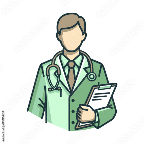 A medical professional, in a green coat, holding a clipboard and stethoscope, looking ahead
