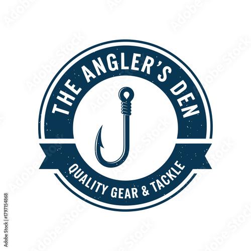 A circular emblem with a fish hook at its center, surrounded by text on a banner