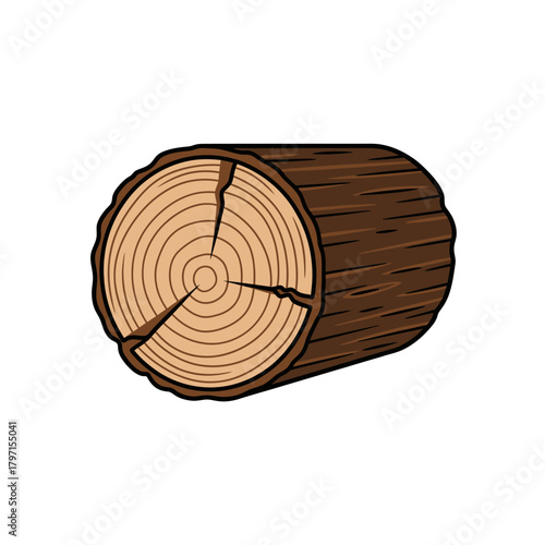 A cartoonish depiction of a wooden log with visible rings and a cut, showcasing its details