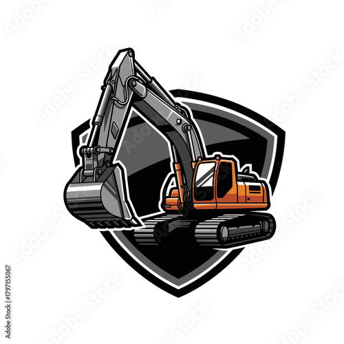 A cartoon excavator, set against a shield backdrop, depicts a machine for earthmoving and construction