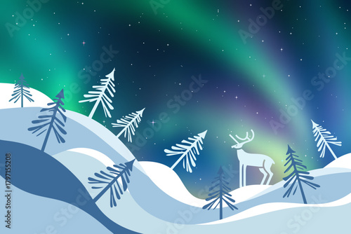 Winter stylized landscape, polar lights, aurora borealis, starry sky, deer in the forest, vector illustration