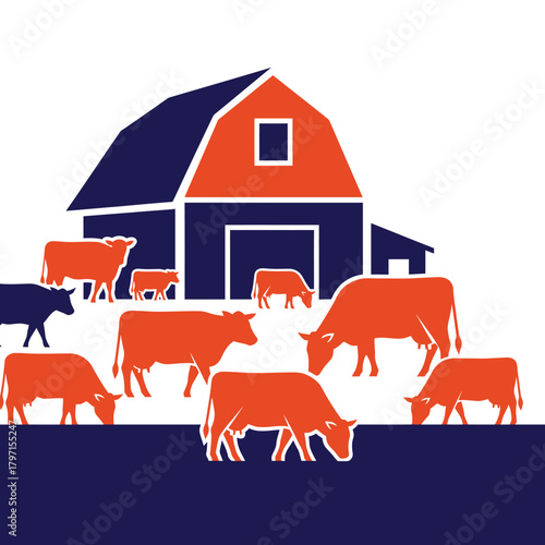 Illustration of cattle grazing near a barn. Cows and a barn in orange and blue. Simple, graphic image