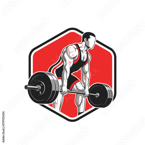 A weightlifter performs a deadlift, vector-styled, in a red hexagonal frame against white background