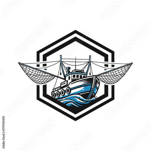 A boat illustration with nets on each side, surrounded by a black and white hexagonal frame