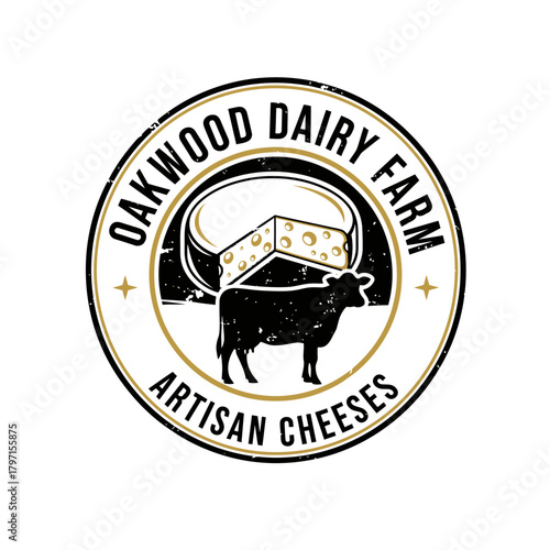 A rustic circular logo featuring a cow and a cheese wedge inside a frame with text