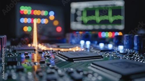 A Close-Up Exploration of a Circuit Board Featuring Colorful Indicator Lights and Waveform Displays, Showcasing the Intricacies of Modern Electronics and Signal Processing