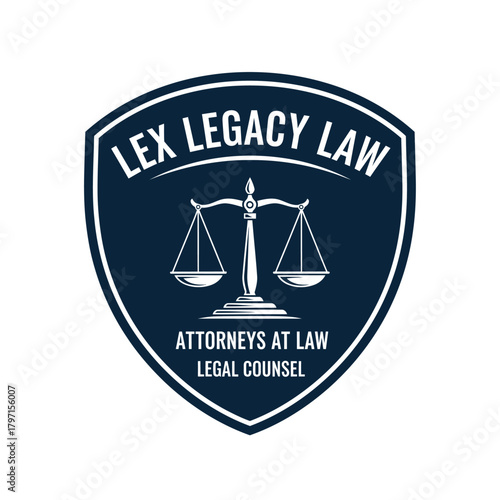 A shield-shaped emblem featuring a balancing scale with text, showcasing a professional or legal theme