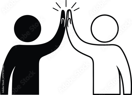 Black and white silhouette people high five each other on a white background