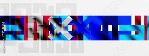 Abstract digital art. Blue, red, white pixels create distorted text effect. Minimalist design, modern aesthetic.