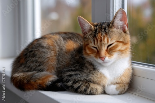 Wallpaper Mural Calico cat sleeping peacefully on windowsill, relaxing at home Torontodigital.ca