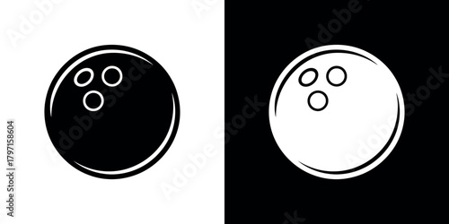 Black and White Bowling Ball Icon with Three Finger Holes on Transparent Background