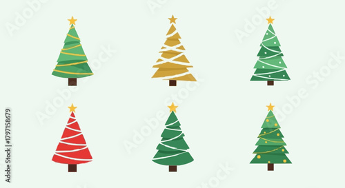 Stylized collection of various decorated Christmas pine trees with golden stars, isolated on a light green background for winter holidays