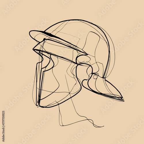 Abstract continuous line drawing of an ancient Roman warrior helmet on a light background. Minimalist sketch of historical headwear.