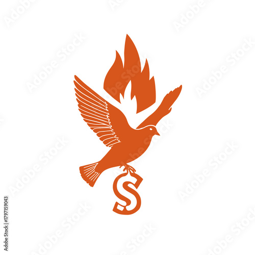 Orange dove with flame and dollar sign graphic, symbolizing spiritual prosperity, financial blessing, peace, and wealth.