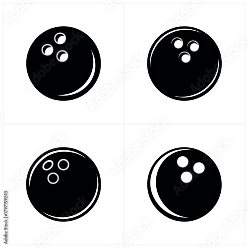 Bowling Ball Icons Set, Black Round Objects with Three Finger Holes on White Background