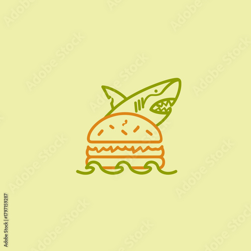 Whimsical Minimalist Line Art Icon: Shark Emerging from Behind a Hamburger Floating on Ocean Waves