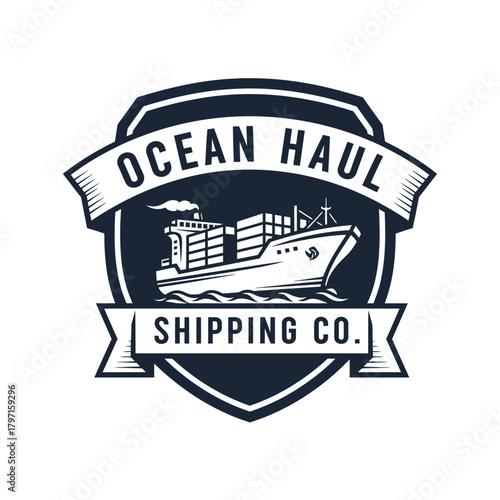 A nautical-themed graphic featuring a cargo ship sailing on waves, enclosed in a badge with text