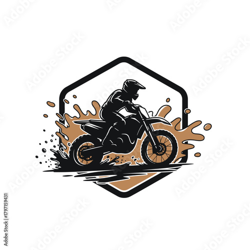 A motorcycle racer, silhouetted in black, kicks up mud within a hexagon frame on a white background
