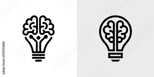Brain inside Lightbulb Icon on White Background, Minimalist Black Line Art Design
