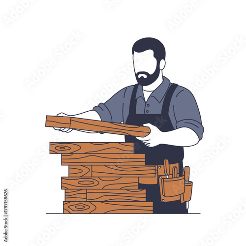 Illustration of a carpenter in an apron placing a wooden plank on a stack