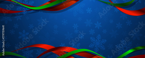 Blue background with snowflakes and waving red and green ribbons
