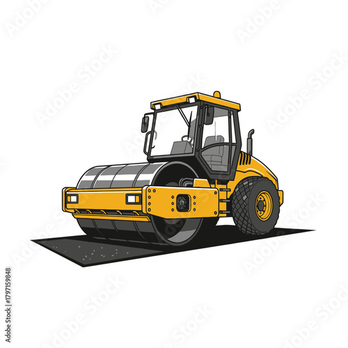 A stylized illustration of a yellow road roller compacting asphalt on a white background