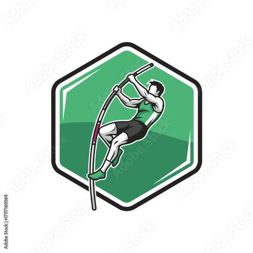 A stylized illustration depicting a pole vaulter in motion inside a green and black hexagon