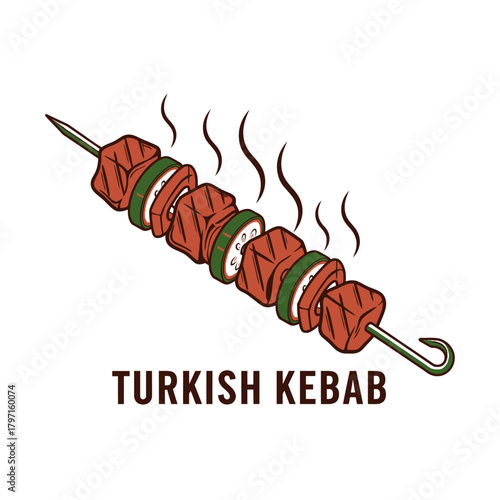 A stylized illustration features skewered meat and vegetables, emitting steam, with text below