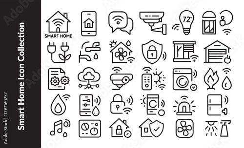 Smart Home Automation Line Icons Collection. IoT, Wireless Technology and Digital House Management Vector Set. Security and Control.