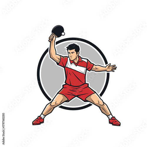 A cartoon-style illustration of a male figure playing table tennis, poised for a serve