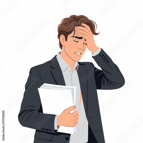 Stressed businessman in a suit holds his head, frowning, holding papers. Depicts a work-related issue