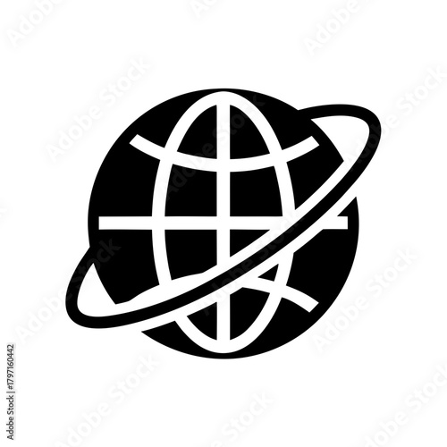 Black globe with orbital ring design on transparent background silhouette