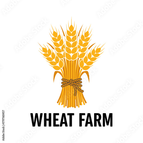 A stylized illustration depicting a sheaf of wheat bound with rope and the words "WHEAT FARM
