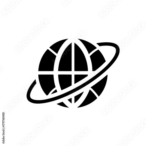 Globe with orbital ring black and white on transparent background silhouette