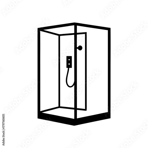A black shower cabin with door open on transparent background silhouette